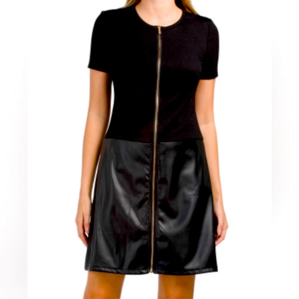 NWT Ellen Tracy Black Short Sleeve Zipper Dress with Faux Leather on the bottom.